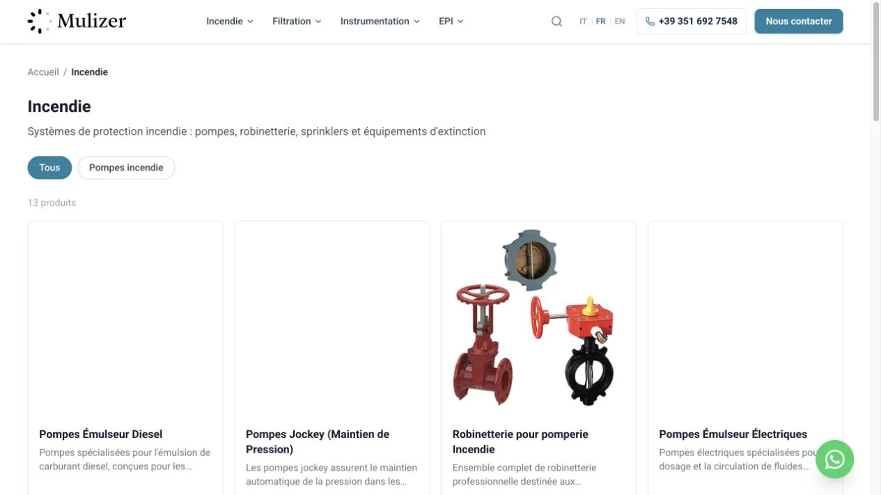 Catalogue Mulizer organisé par familles et filtres de produits.